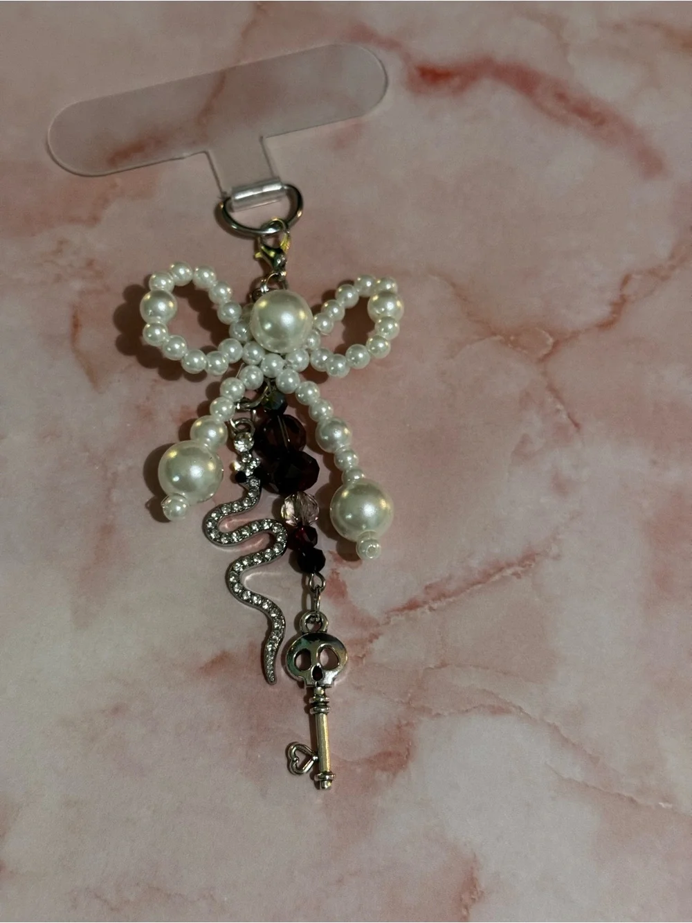 Pearl Bow w/ Skull Key Charm and Rhinestone Snake Cell Phone Jewelry